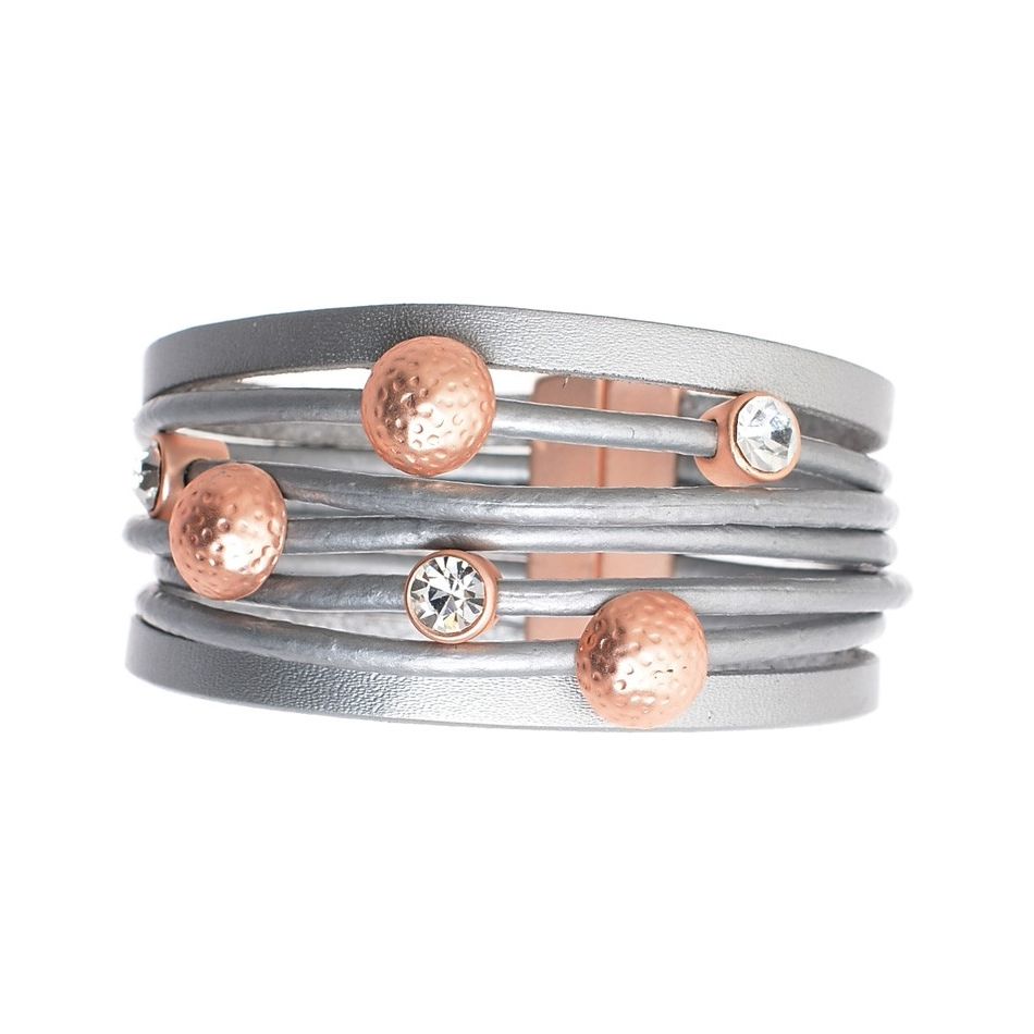 PULSERA CUERO CUENTAS METAL CRISTALES