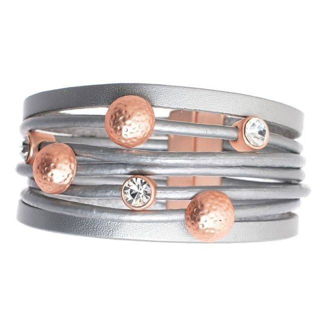 PULSERA CUERO CUENTAS METAL CRISTALES