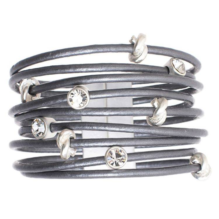 LEATHER BRACELET METAL BEADS CRYSTALS
