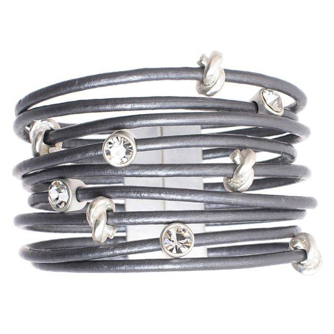 PULSERA CUERO CUENTAS METAL CRISTALES