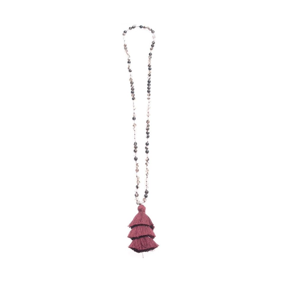 LONG NECKLACE STONES PENDANT FRINGE THREE LEVELS