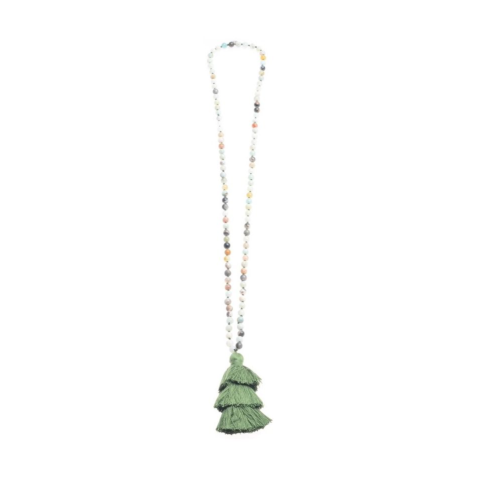 LONG NECKLACE STONES PENDANT FRINGE THREE LEVELS