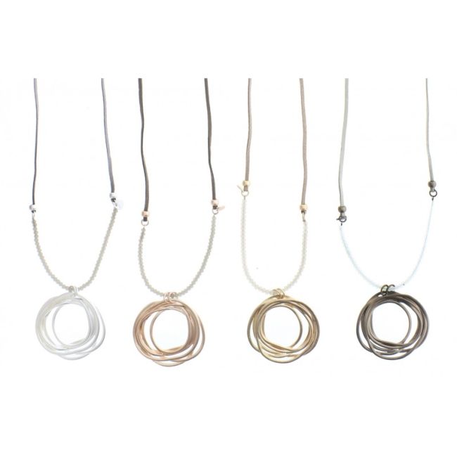 LONG SUEDE NECKLACE WITH INTERTWINED RINGS PENDANT