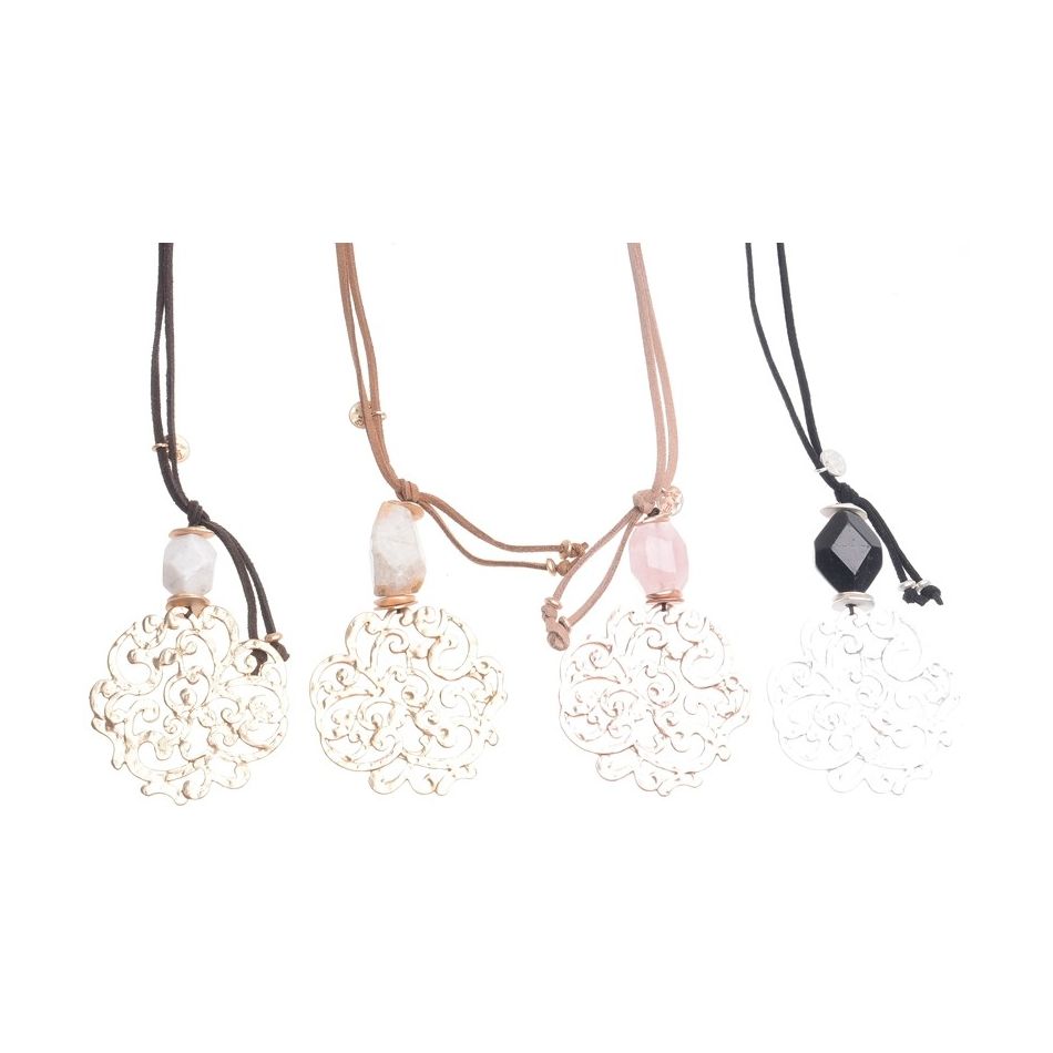 LONG NECKLACE STONE PENDANT METAL OPENWORK