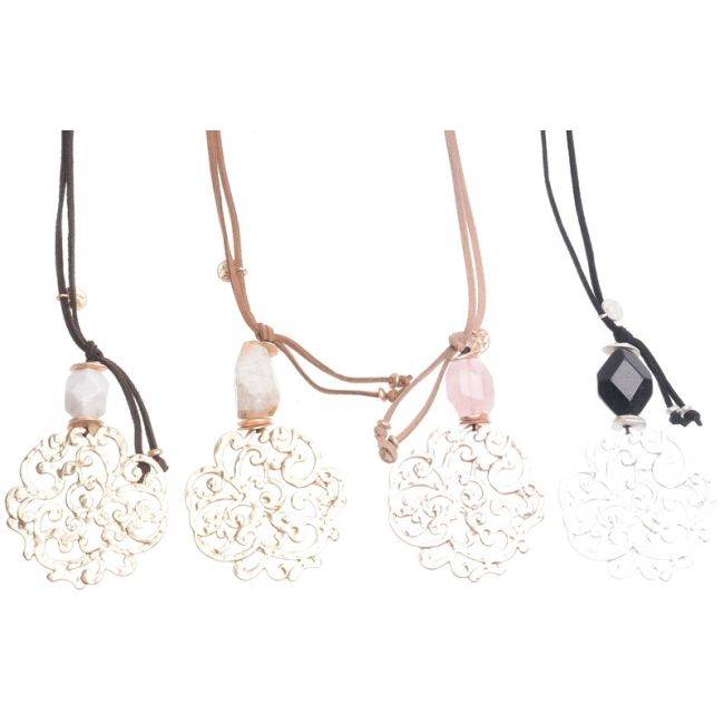 LONG NECKLACE STONE PENDANT METAL OPENWORK