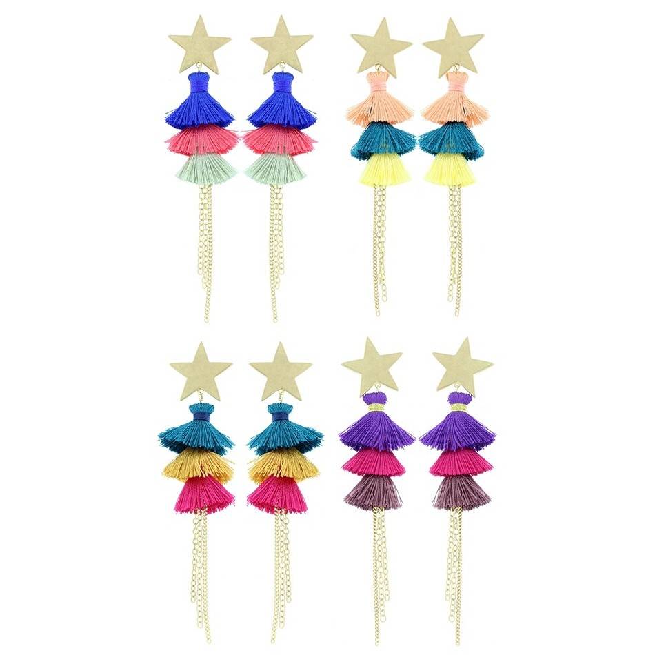 TRIPLE FRINGED METAL STAR EARRINGS