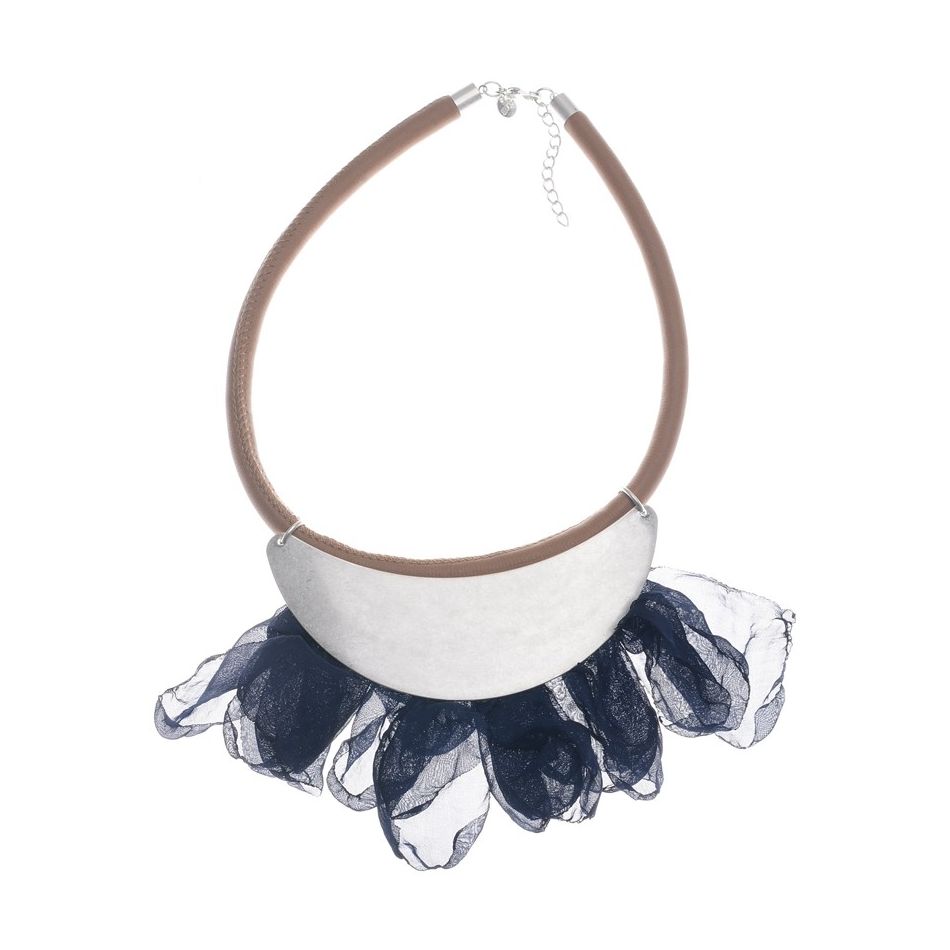 HALF MOON SHORT NECKLACE METAL LEAVES FABRIC