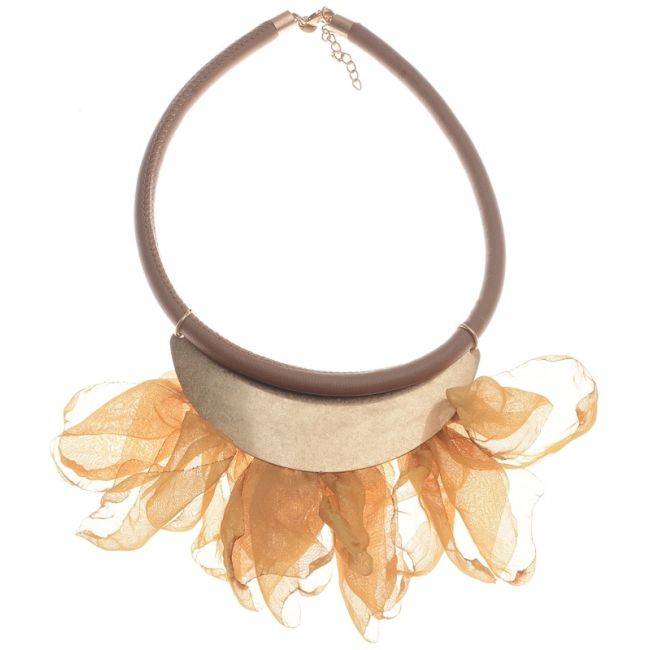 HALF MOON SHORT NECKLACE METAL LEAVES FABRIC