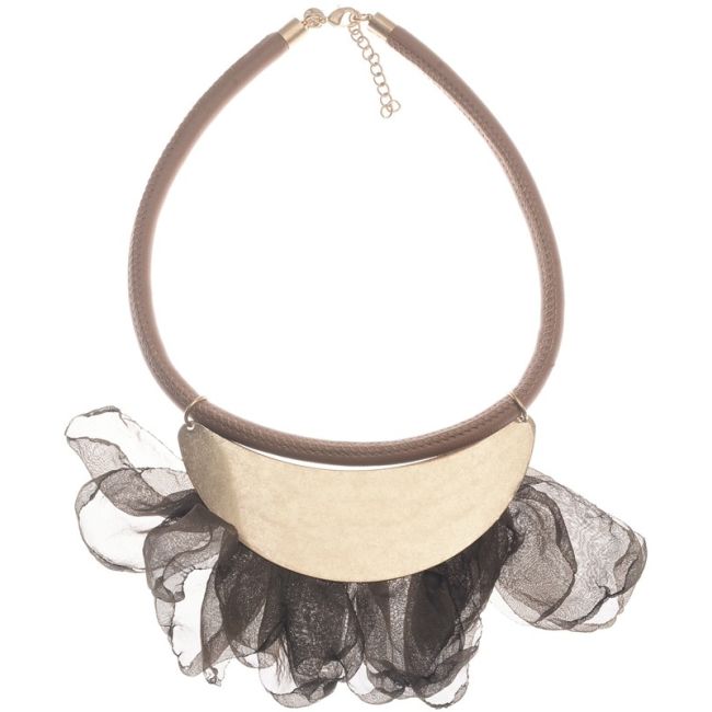 HALF MOON SHORT NECKLACE METAL LEAVES FABRIC
