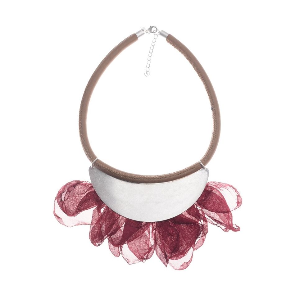 HALF MOON SHORT NECKLACE METAL LEAVES FABRIC