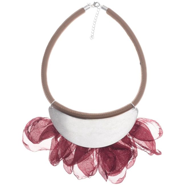 HALF MOON SHORT NECKLACE METAL LEAVES FABRIC