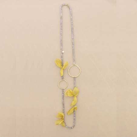 LONG NECKLACE CRYSTALS RING METAL FLOWERS