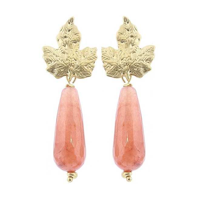 METAL LEAF STONE PENDANT EARRINGS