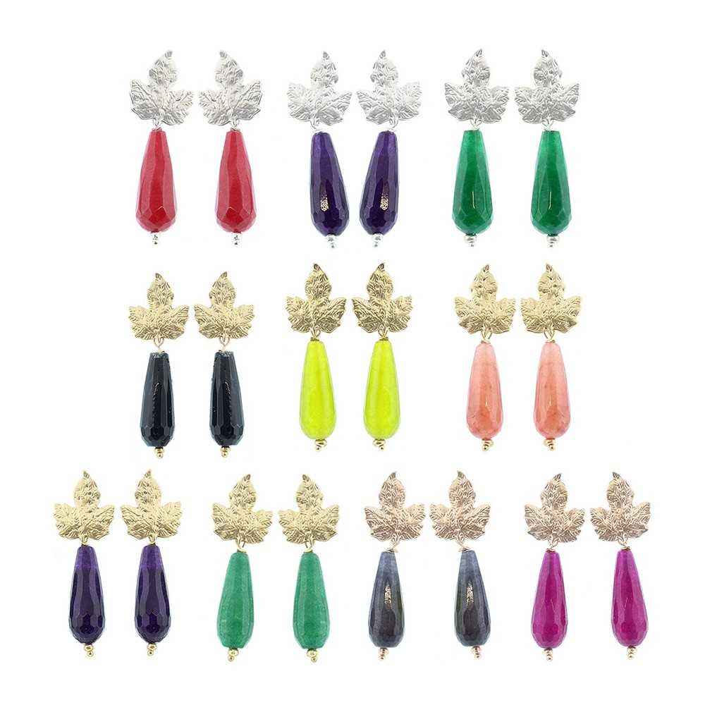 METAL LEAF STONE PENDANT EARRINGS