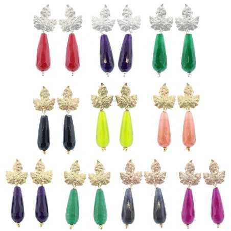 PENDIENTES HOJA METAL COLGANTE PIEDRA