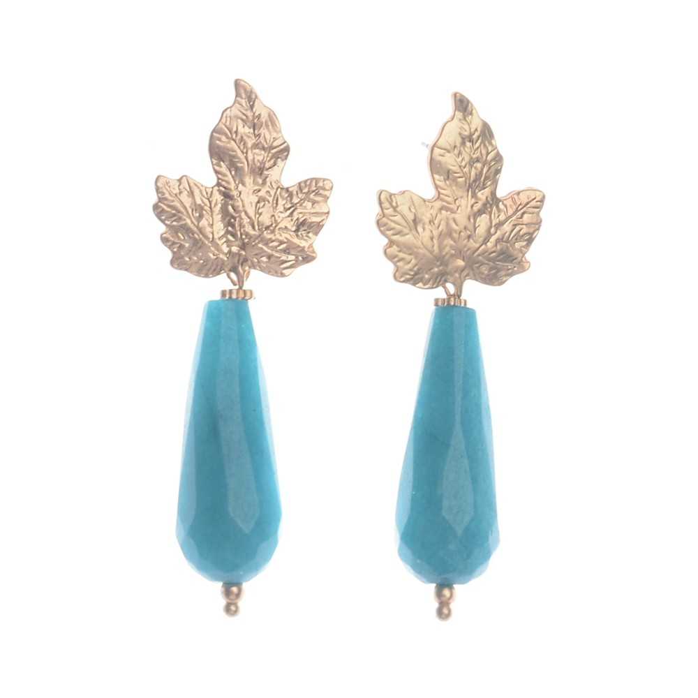 METAL LEAF STONE PENDANT EARRINGS