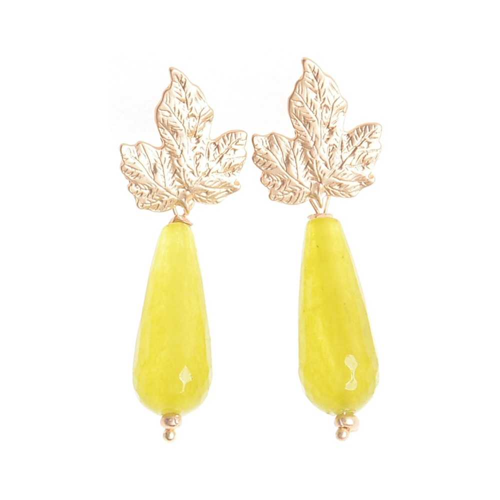 METAL LEAF STONE PENDANT EARRINGS