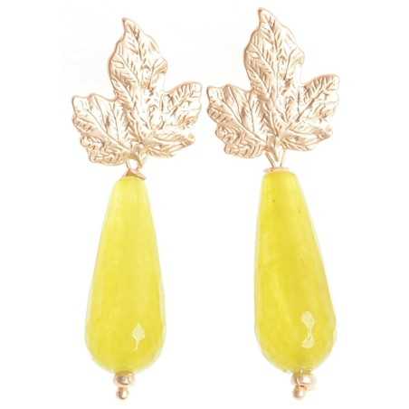 METAL LEAF STONE PENDANT EARRINGS