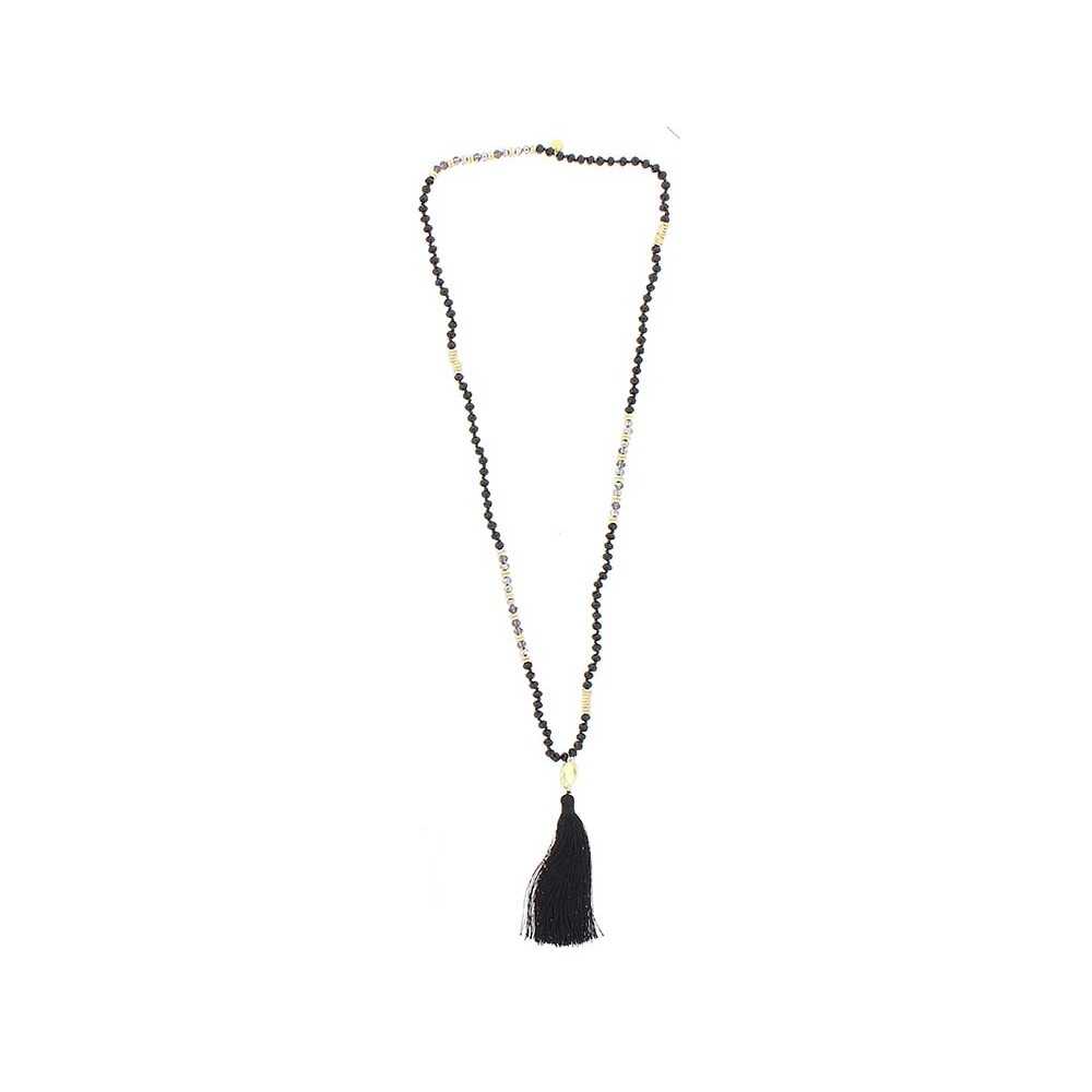 LONG NECKLACE WITH FACETED BEADS AND FRINGE PENDANT