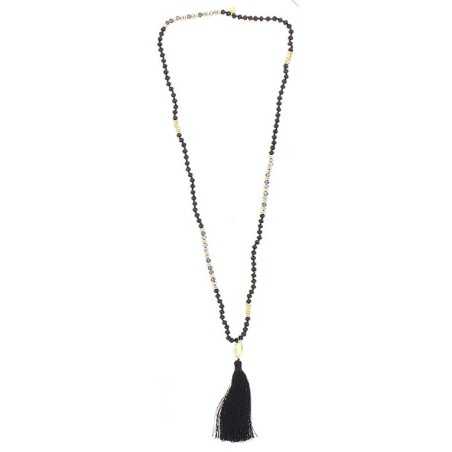 LONG NECKLACE WITH FACETED BEADS AND FRINGE PENDANT