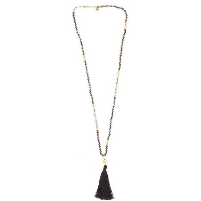 LONG NECKLACE WITH FACETED BEADS AND FRINGE PENDANT