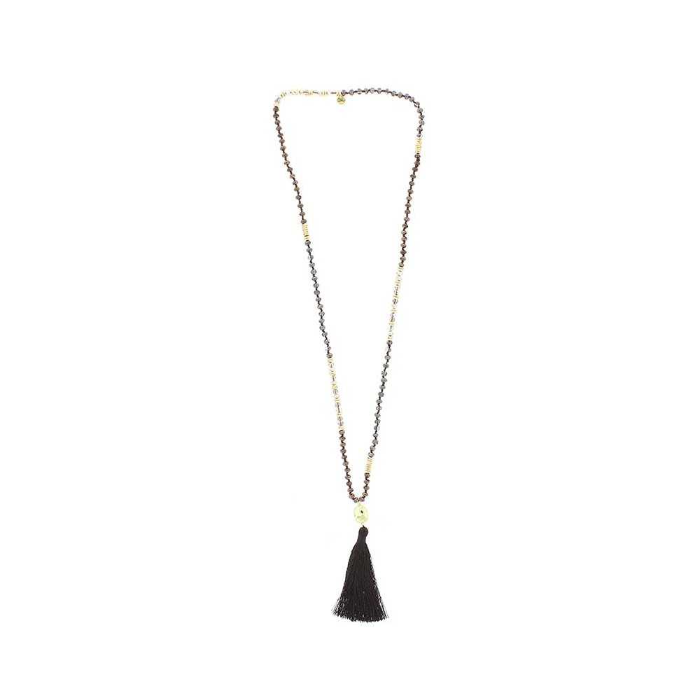 LONG NECKLACE WITH FACETED BEADS AND FRINGE PENDANT