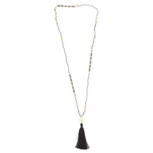 LONG NECKLACE WITH FACETED BEADS AND FRINGE PENDANT