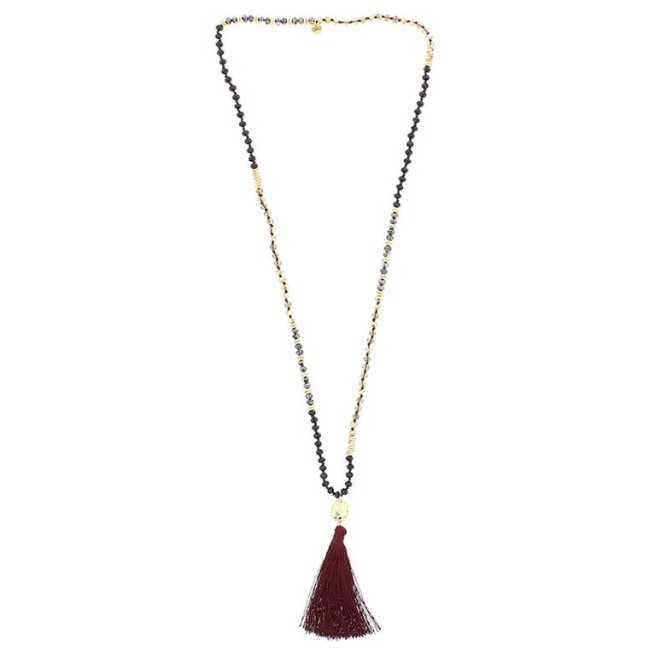 LONG NECKLACE WITH FACETED BEADS AND FRINGE PENDANT