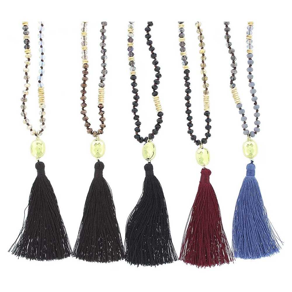 LONG NECKLACE WITH FACETED BEADS AND FRINGE PENDANT