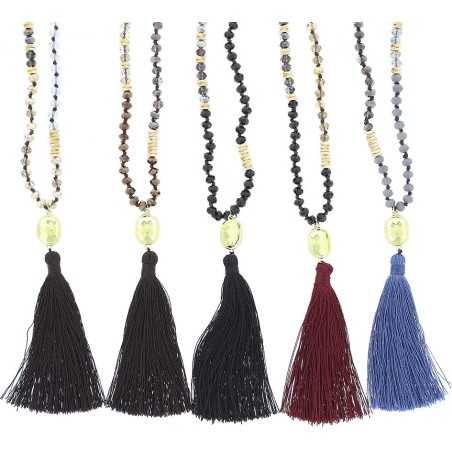 LONG NECKLACE WITH FACETED BEADS AND FRINGE PENDANT