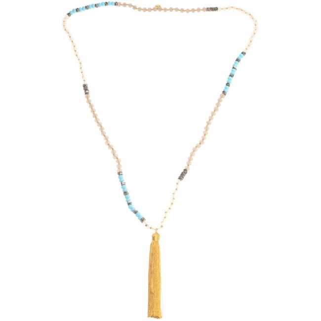 LONG NECKLACE WITH FACETED BEADS AND FRINGE PENDANT