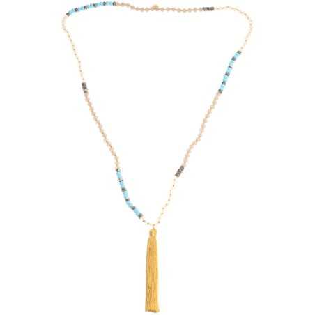 LONG NECKLACE WITH FACETED BEADS AND FRINGE PENDANT