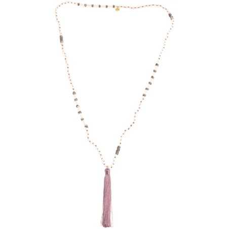 LONG NECKLACE WITH FACETED BEADS AND FRINGE PENDANT