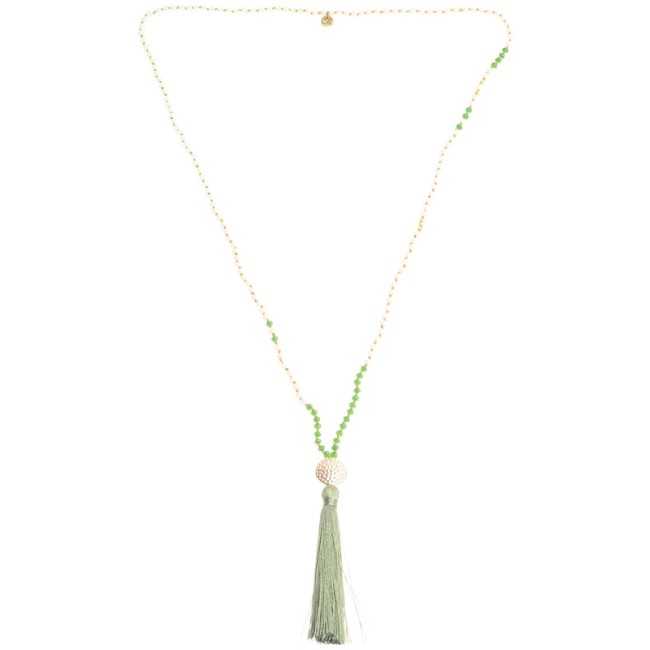 LONG NECKLACE WITH FACETED BEADS AND FRINGE PENDANT