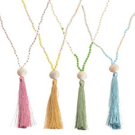 LONG NECKLACE WITH FACETED BEADS AND FRINGE PENDANT