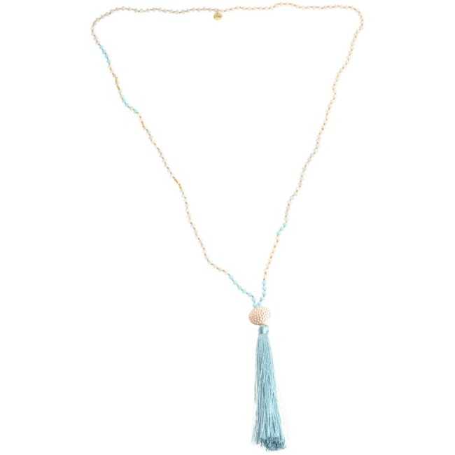 LONG NECKLACE WITH FACETED BEADS AND FRINGE PENDANT