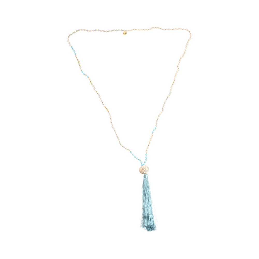 LONG NECKLACE WITH FACETED BEADS AND FRINGE PENDANT