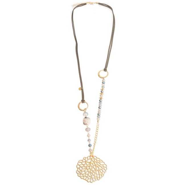 LONG NECKLACE WITH FACETED CRYSTALS AND STONES METAL FILIGRANE PENDANT