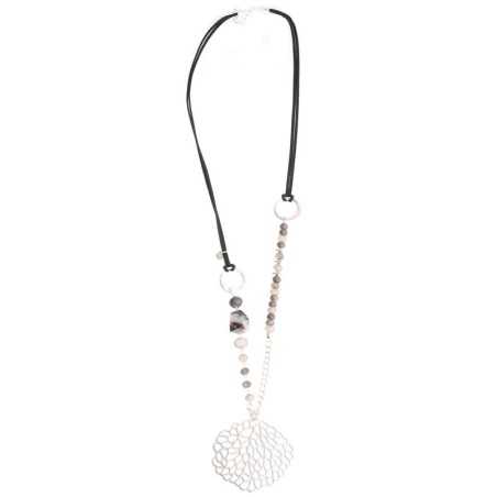 LONG NECKLACE WITH FACETED CRYSTALS AND STONES METAL FILIGRANE PENDANT