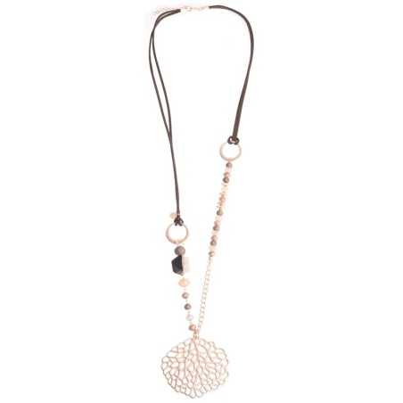 LONG NECKLACE WITH FACETED CRYSTALS AND STONES METAL FILIGRANE PENDANT