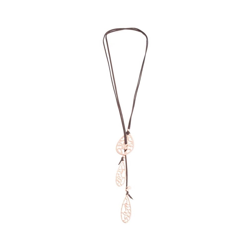 LONG SUEDE NECKLACE WITH METAL FILIGRANE DROPS PENDANTS