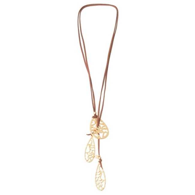 LONG SUEDE NECKLACE WITH METAL FILIGRANE DROPS PENDANTS