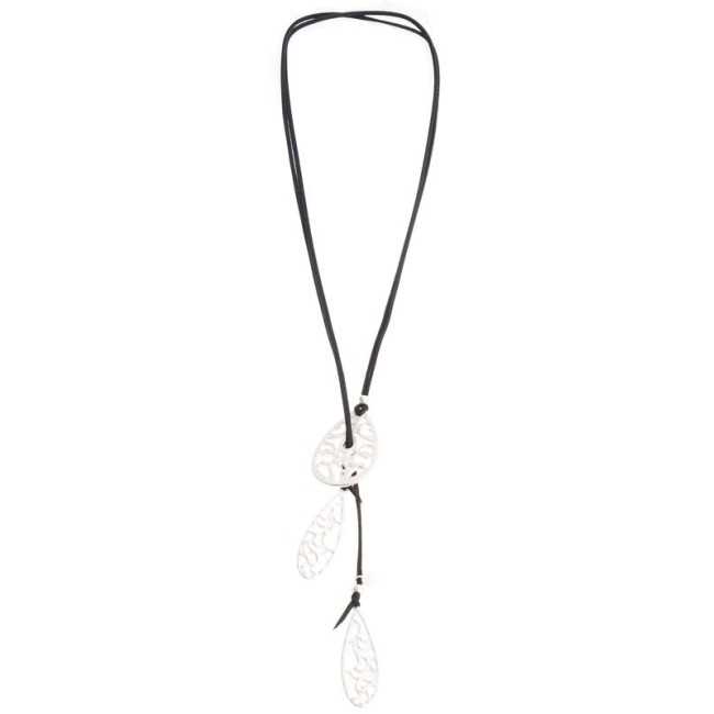 LONG SUEDE NECKLACE WITH METAL FILIGRANE DROPS PENDANTS