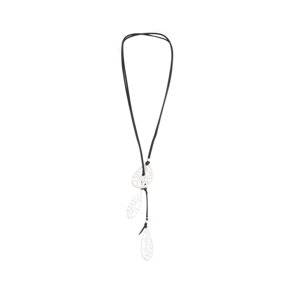 LONG SUEDE NECKLACE WITH METAL FILIGRANE DROPS PENDANTS