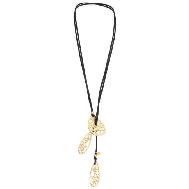 LONG SUEDE NECKLACE WITH METAL FILIGRANE DROPS PENDANTS