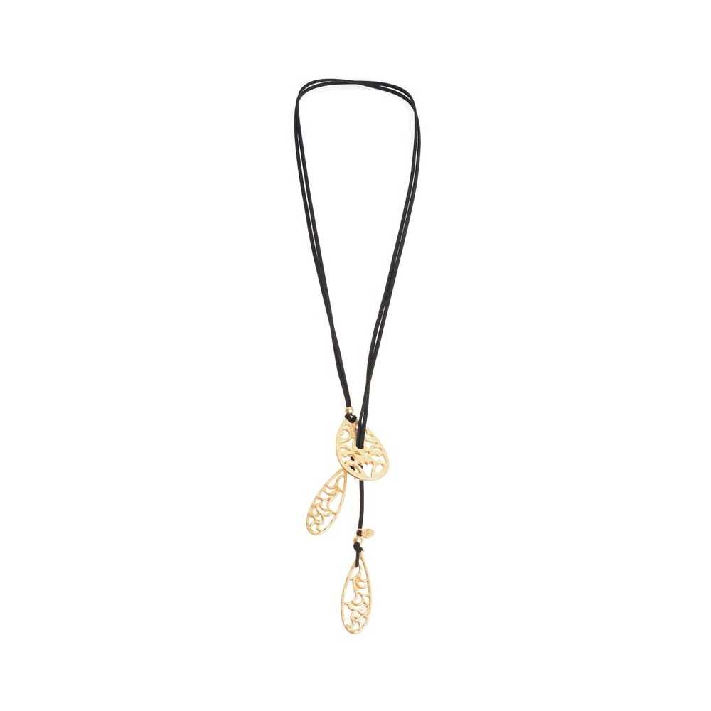 LONG SUEDE NECKLACE WITH METAL FILIGRANE DROPS PENDANTS