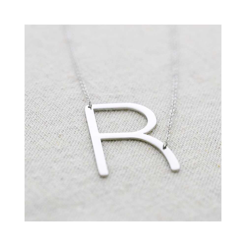 BIG INITIAL LETTER R STEEL NECKLACE