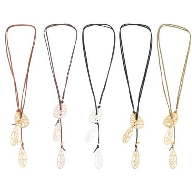 LONG SUEDE NECKLACE WITH METAL FILIGRANE DROPS PENDANTS