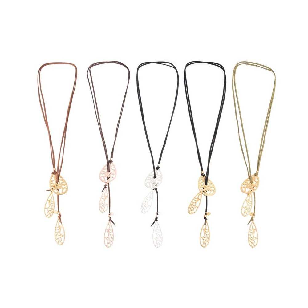 LONG SUEDE NECKLACE WITH METAL FILIGRANE DROPS PENDANTS