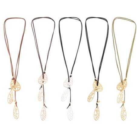 LONG SUEDE NECKLACE WITH METAL FILIGRANE DROPS PENDANTS